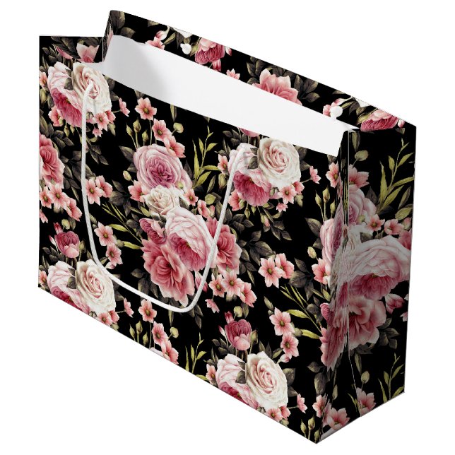 Pink Rose Profusion - Black Background Large Gift Bag (Front Angled)