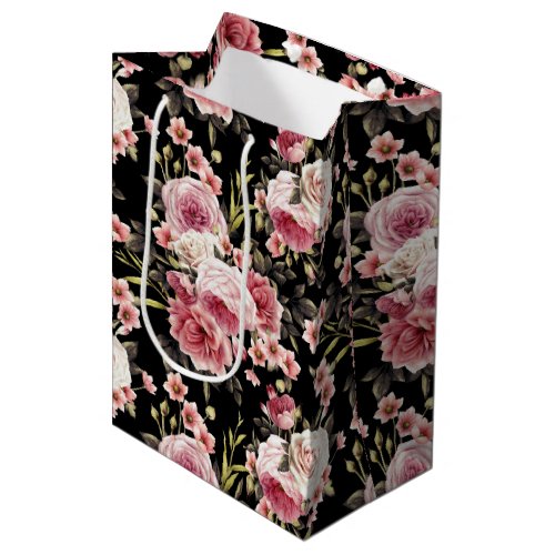 Pink Rose Profusion _ Black Background Medium Gift Bag