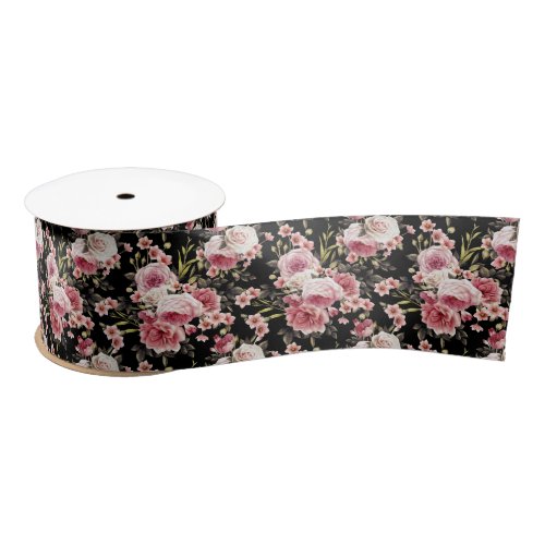 Pink Rose Profusion _ Black Background Satin Ribbon