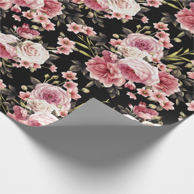 Pink Rose Profusion - Black Background Wrapping Paper (Corner)