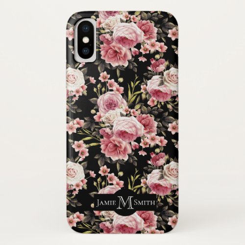 Pink Rose Profusion Monogram _ Black Background iPhone X Case