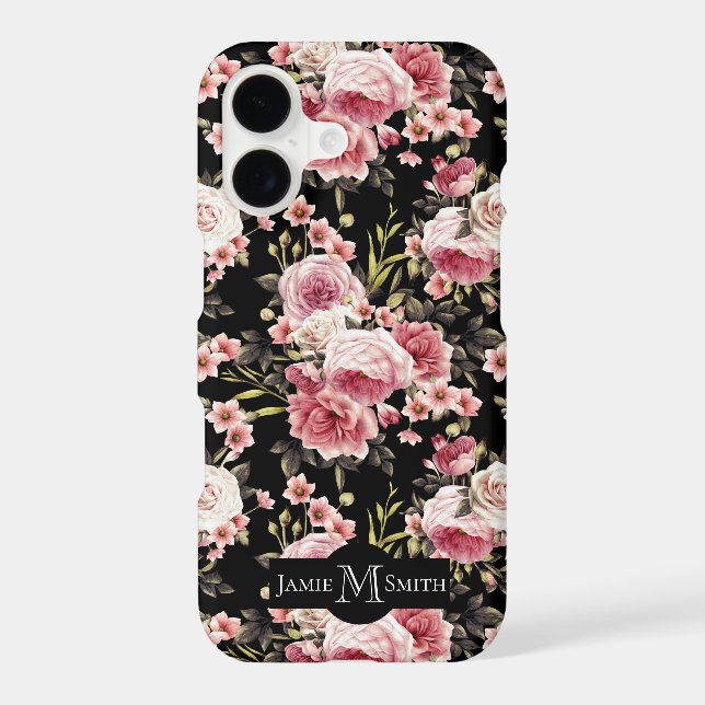 Pink Rose Profusion Monogram - Black Background Iphone Case (Back)