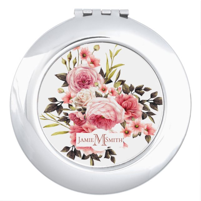 Pink Rose Profusion Monogram - White Background Compact Mirror (Front)