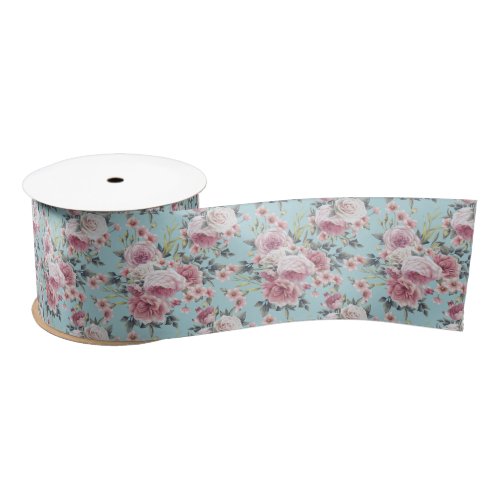 Pink Rose Profusion _ Teal Background Satin Ribbon