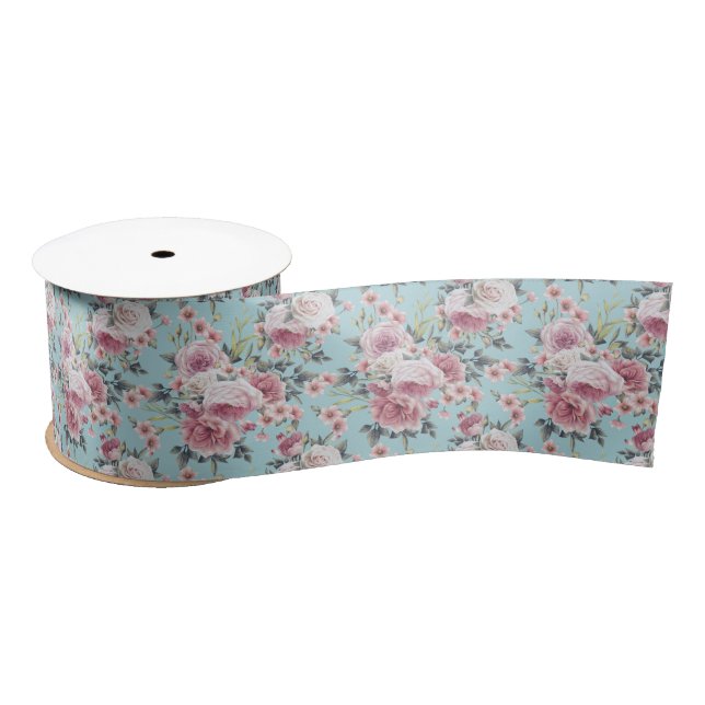 Pink Rose Profusion - Teal Background Satin Ribbon (Spool)