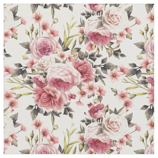 Pink Rose Profusion - White Background Fabric