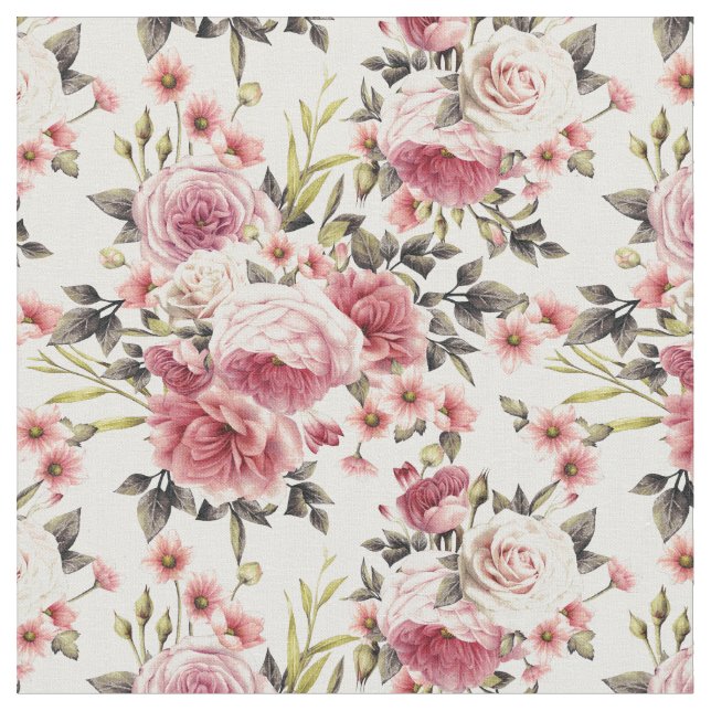 Pink Rose Profusion - White Background Fabric (Close Up)