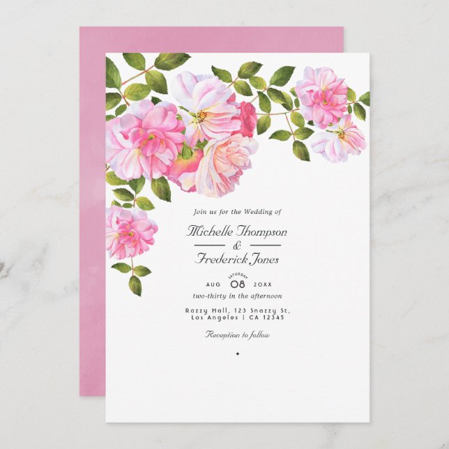 Pink Rose  QR Code RSVP Garden Wedding Invitation (Front/Back)