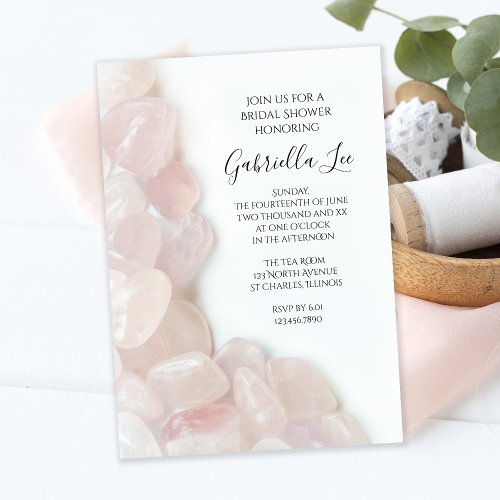 Pink Rose Quartz on White Bridal Shower Invitation