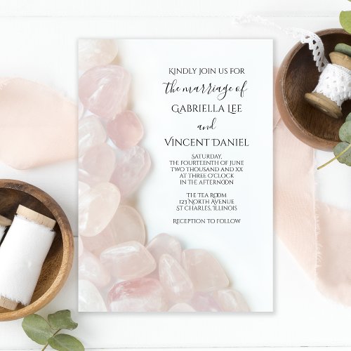 Pink Rose Quartz on White Wedding Invitation