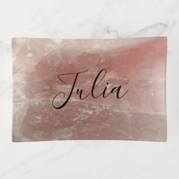 Pink Rose Quartz Real Stone Look Name Template Trinket Tray by holiday_store at Zazzle