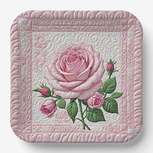 Pink Rose Quilt Paper Plates (Front)