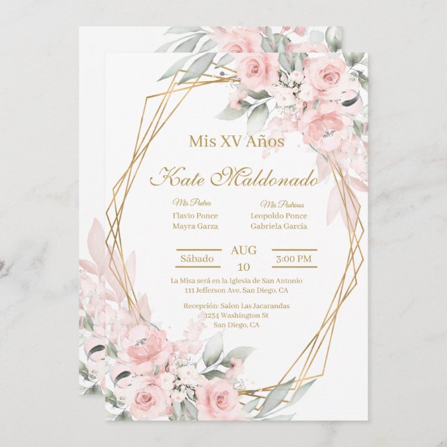 Pink rose Quinceanera invitation (Front/Back)