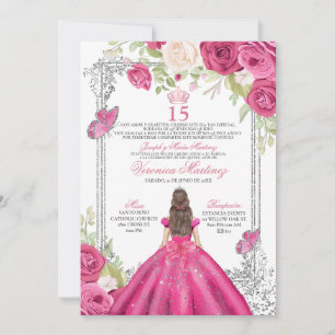 Pink Rose Quinceañera Invitation, Floral Sweet 15  Invitation