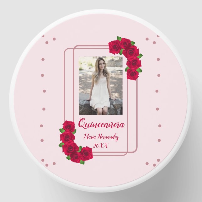 Pink Rose Quinceañera Mini Candle Favors (Front)