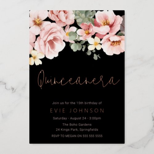 Pink Rose Quinceanera Party Rose Gold Foil Invitation