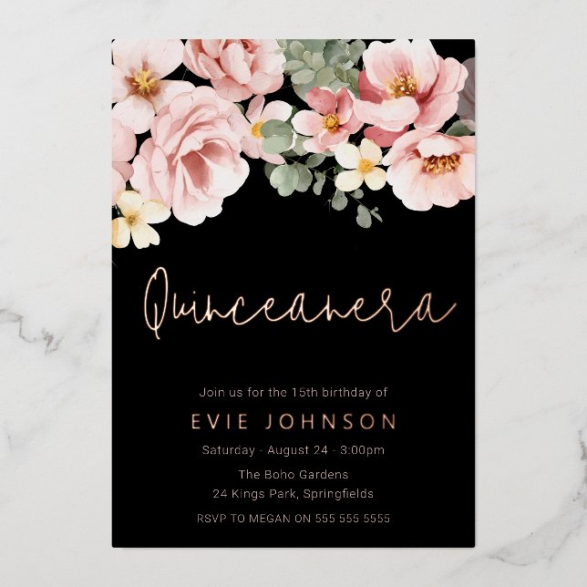 Pink Rose Quinceanera Party Rose Gold Foil Invitation (Front)