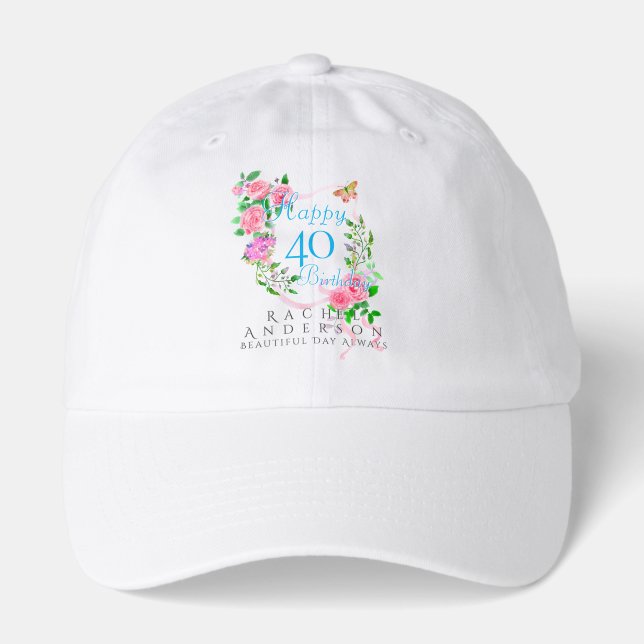 Pink Rose Ribbon 40th Birthday Hat (Front)