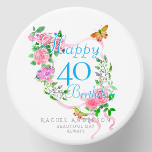 Pink Rose Ribbon 40th Birthday Mini Candle Favors