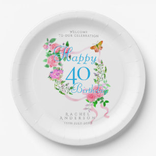 Pink Rose Ribbon 40th Birthday Paper Plates