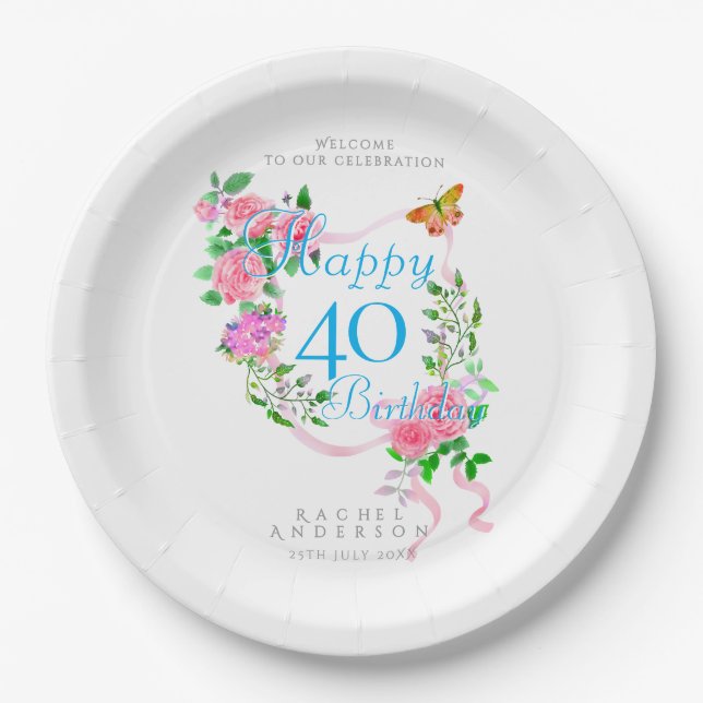 Pink Rose Ribbon 40th Birthday Paper Plates (Front)