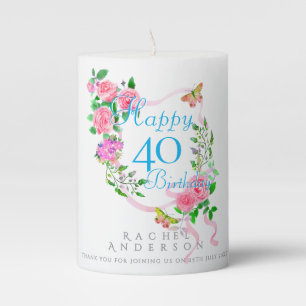 Pink Rose Ribbon 40th Birthday Pillar Candle