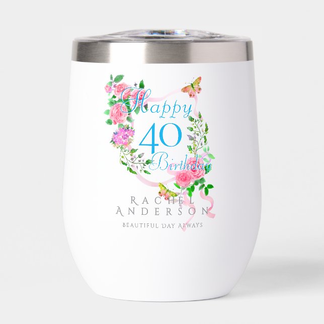 Pink Rose Ribbon 40th Birthday Thermal Wine Tumbler (Front)