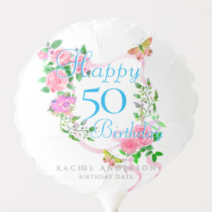 Pink Rose Ribbon 50th Birthday Balloon