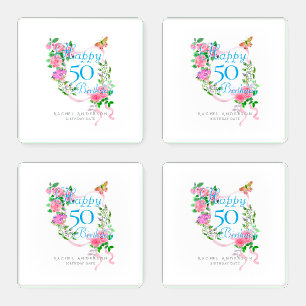 Pink Rose Ribbon 50th Birthday  Coaster Set