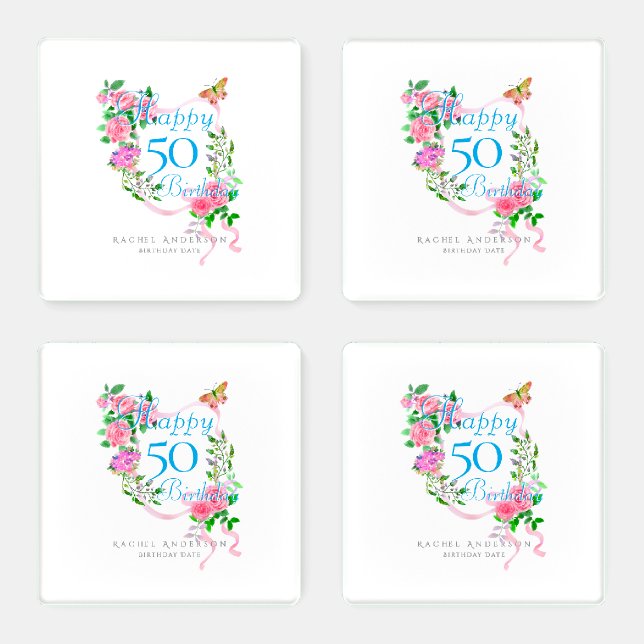 Pink Rose Ribbon 50th Birthday  Coaster Set (Set)