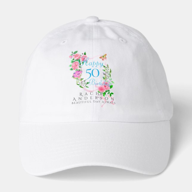 Pink Rose Ribbon 50th Birthday Hat (Front)