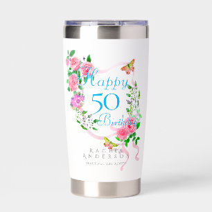 Pink Rose Ribbon 50th Birthday Insulated Tumbler