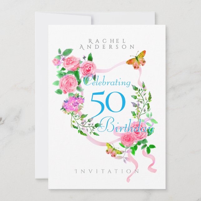 Pink Rose Ribbon 50th Birthday Invitation (Front)