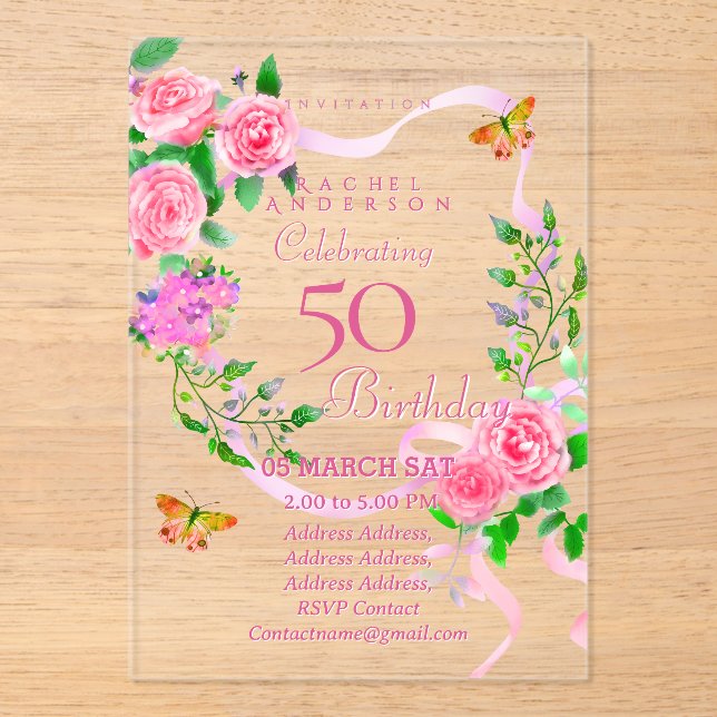 Pink Rose Ribbon 50th Birthday Invitation (Front)