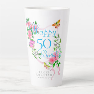 Pink Rose Ribbon 50th Birthday Latte Mug