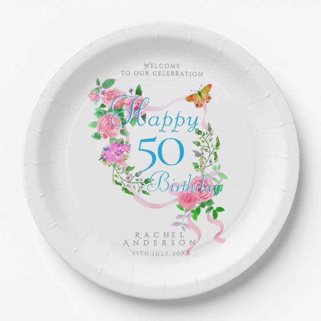 Pink Rose Ribbon 50th Birthday Paper Plates (Front)