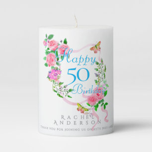 Pink Rose Ribbon 50th Birthday Pillar Candle