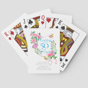 Pink Rose Ribbon 50th Birthday Poker Cards