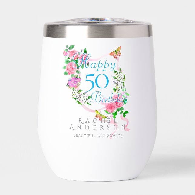 Pink Rose Ribbon 50th Birthday Thermal Wine Tumbler (Front)