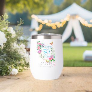 Pink Rose Ribbon 50th Birthday Thermal Wine Tumbler