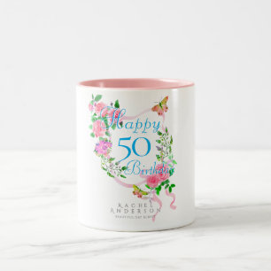 Pink Rose Ribbon 50th Birthday Two-Tone Coffee Mug