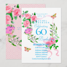 Pink Rose Ribbon 60th  Birthday Invitation