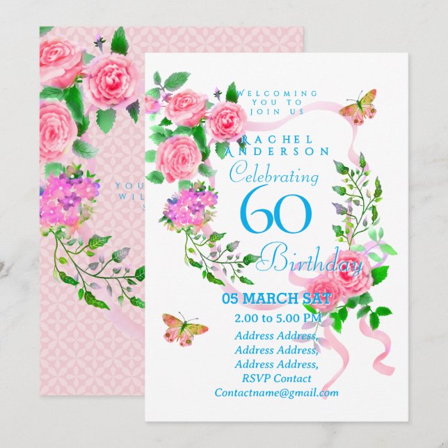 Pink Rose Ribbon 60th  Birthday Invitation (Front/Back)