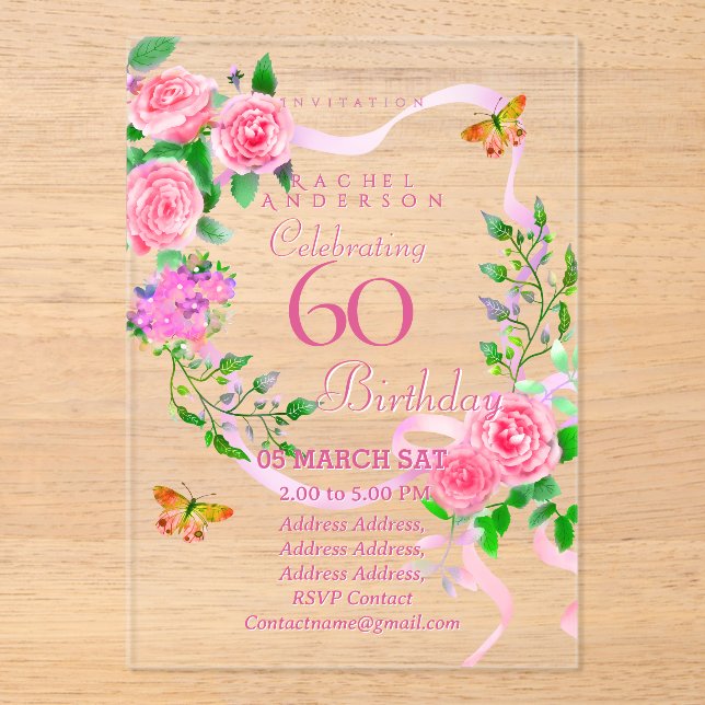 Pink Rose Ribbon 60th Birthday Invitation (Front)