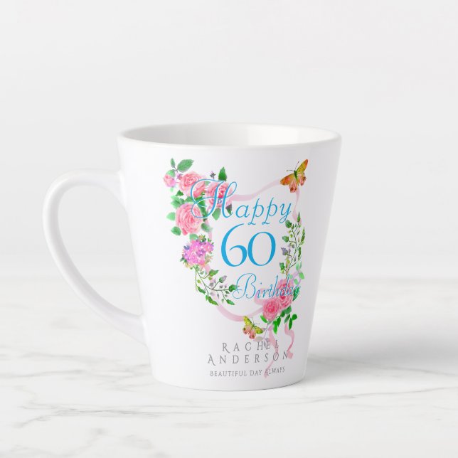 Pink Rose Ribbon 60th  Birthday Latte Mug (Left)