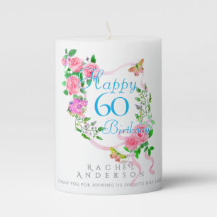 Pink Rose Ribbon 60th Birthday Pillar Candle