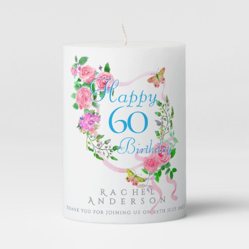 Pink Rose Ribbon 60th Birthday Pillar Candle
