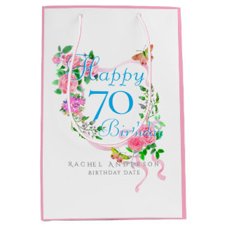 Pink Rose Ribbon 70th Birthday Balloon Medium Gift Bag