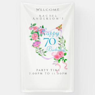 Pink Rose Ribbon 70th Birthday Banner