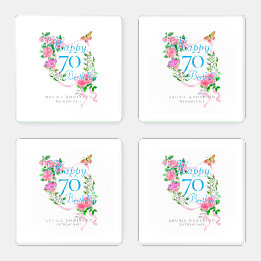 Pink Rose Ribbon 70th Birthday Coaster Set